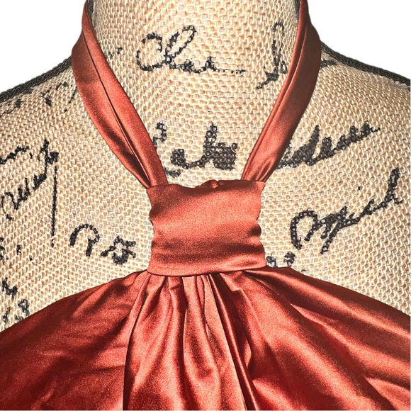 Upscale Shiny Satin Copper Tie Front Apron Halter Top - Picture 7 of 14